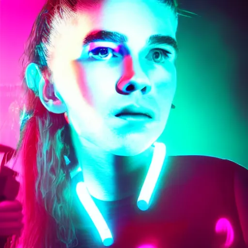 Image similar to grimes on stage djing, volumetric neon lights in the background, gleaming, 3 5 mm photography, portrait!!!!!!, trending on artstation, 4 k, 8 k, zbrush, mannerism