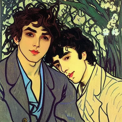 Image similar to painting of young cute handsome beautiful dark medium wavy hair man in his 2 0 s named shadow taehyung and cute handsome beautiful min - jun together at the halloween! party, bubbling cauldron!, candles!, smoke, autumn! colors, elegant, wearing suits!, clothes!, delicate facial features, art by alphonse mucha, vincent van gogh, egon schiele