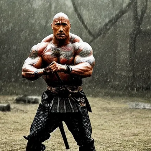 Image similar to Dwayne Johnson as samurai , under rain, dramatic, war ambience, an film still