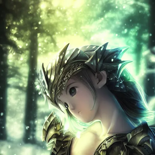 Prompt: portrait focus of knight beautiful 3D anime girl, chamallow armor wearing, dark forest background, snowing, bokeh, inspired by Masami Kurumada, digital painting, high contrast, unreal engine render, volumetric lighting, high détail