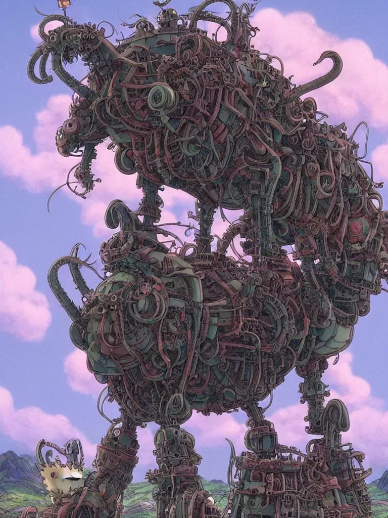 Image similar to A Lovecraftian giant mechanized mule from Studio Ghibli Howl's Moving Castle (2004) full body, 4k, highly detailed. award winning sci-fi. look at all that detail!