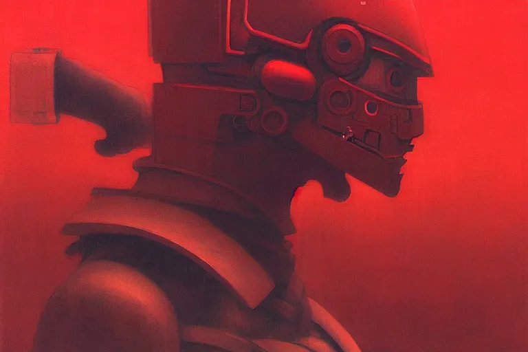 Image similar to only with red, a red cyborg samurai, tokio futuristic in background, some evil yokai, in the style of beksinski, parts by edward hopper, parts by rodcenko, parts by yue minjun, intricate and epic composition, red by caravaggio, insanely quality, highly detailed, masterpiece, red light, artstation, 4 k