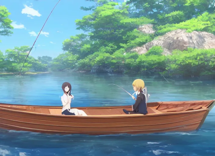 Image similar to a girl fishing on a wooden boat in a river, wide shot, peaceful and serene, incredible perspective, anime scenery by Makoto Shinkai, very detailed