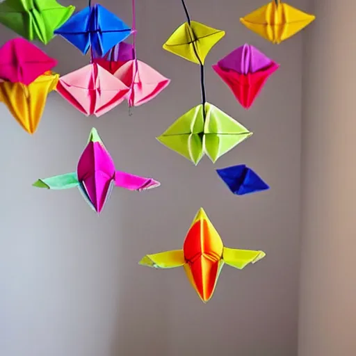 Prompt: small japanese origami colourful humans hanging from the ceiling above a baby's cot. beautiful warm lighting coming from a nearby window