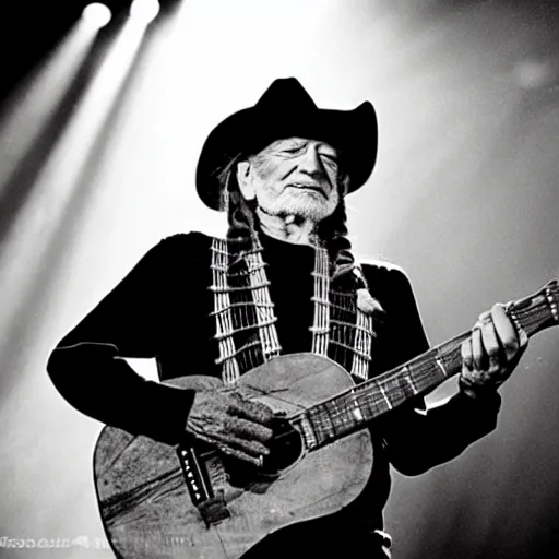 Prompt: willie nelson on stage, detailed image, four fingers holding guitar. god rays through fog.