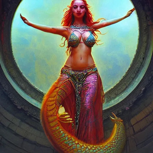 Image similar to cute female bellydancer dragon, anthropomorphic, stuning 3 d render, masterpiece, glowing holy aura, by donato giancola and greg rutkowski and wayne barlow and zdzisław beksinski, realistic face