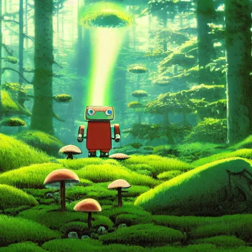 Image similar to a robot covered in moss and mushrooms lying in a forest, shafts of light god rays, painting by hayao miyazaki studio ghibli