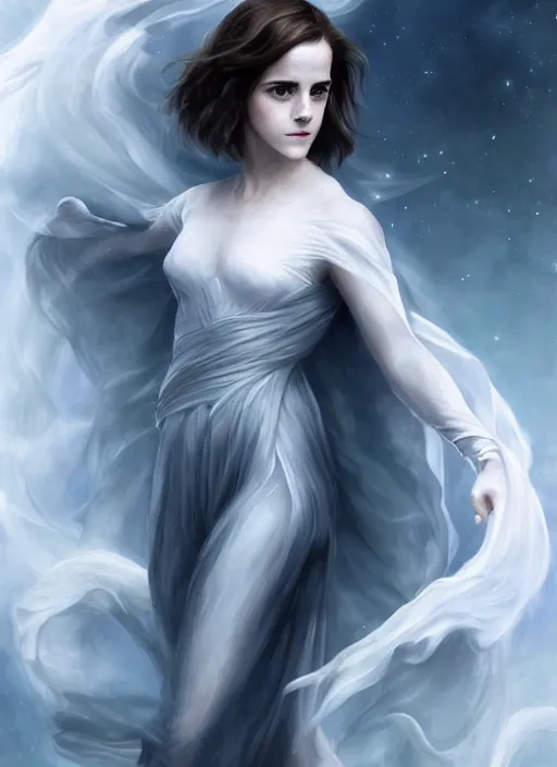 Image similar to emma watson as dark magic celestial, long hair, white and transparent cloth, space, D&D, shiny background, intricate, elegant, highly detailed, digital painting, artstation, concept art, smooth, sharp focus, illustration, artgerm, bouguereau