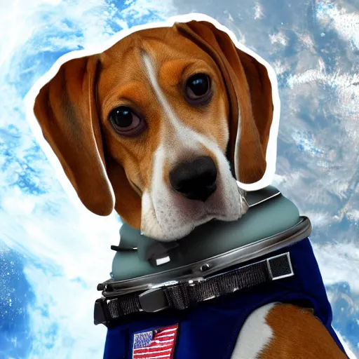 Prompt: a beagle dog in a space suit in space portrait