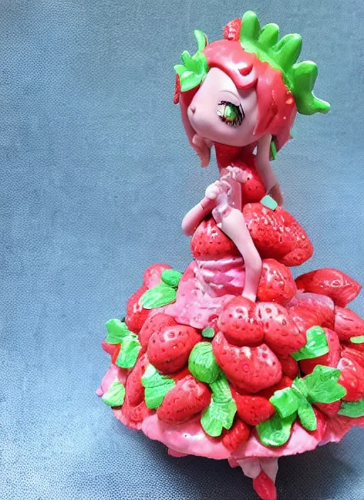 Image similar to a wholesome femo figurine of a cute funny strawberry fairy with freckles wearing a frilly floral strawberry dress featured on silent hill by studio ghibly and disney made of strawberry jam jar, pastels, wide angle, dynamic dancing pose, 🎀 🍓 🧚