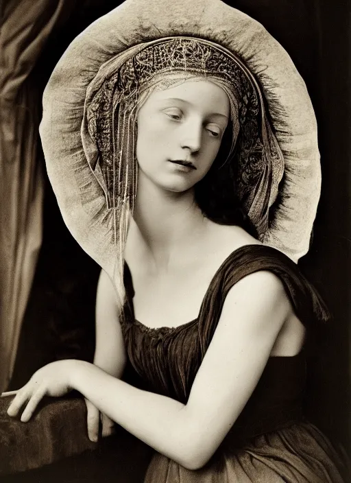 Prompt: portrait of young woman in renaissance dress and renaissance headdress, art by imogen cunningham