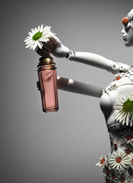 Prompt: marble mannequin carrying perfume bottle, biomechanical corals daisies rhizomorphs in an ivory room well contoured smooth fair walls, up close shot, sharp focus, global illumination, radiant light, alexandre ferra white mecha, irakli nadar, octane highly render, 4 k, ultra hd,