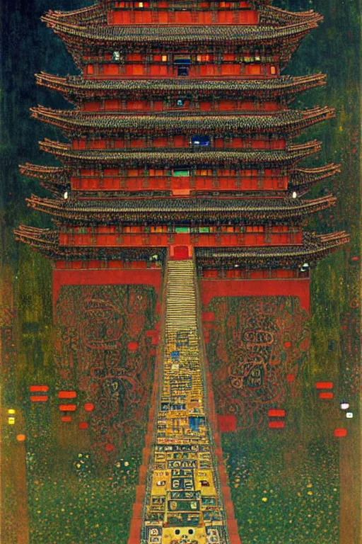 Image similar to cyberpunk chinese ancient castle, fantasy, painting by Gustav Klimt