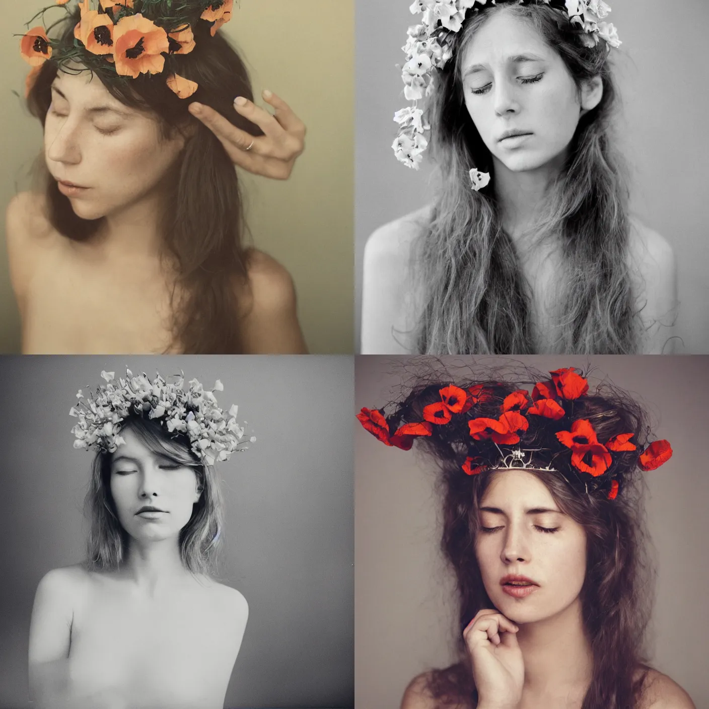 Prompt: A analog head and shoulder frontal portrait photography of a woman wearing a crown full of small poppy flowers by Annie Leibovitz. Long hair. eyes closed. soft gradient pastel color background. Ilford Delta 400 film. detailed. hq. realistic. warm light. muted colors. lens flare. photoreal. Leica M9.