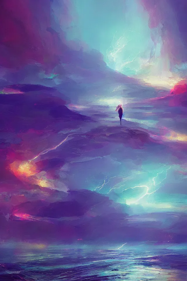 Prompt: the lightning queen over the sea, Abstract expressionism tranquil art, by Yoshitaka Amano and Alena Aenami, Trending on Artstation, nvidia, matte painting