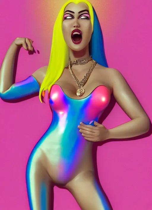 Image similar to full body digital artwork of a banana, wearing iridescent rainbow latex bikini, 4 k, expressive happy smug expression, makeup, in style of mark arian, wearing detailed pink leather collar, wearing chains, detailed face and eyes,