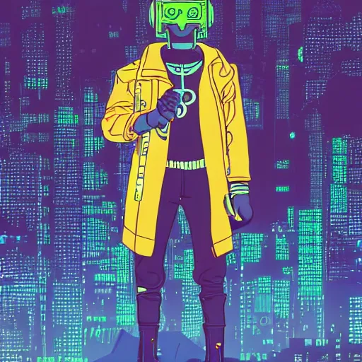 Image similar to in the style of max prentis and deathburger and laurie greasley a young mixed race male explorer wearing a cyberpunk headpiece who is standing on a giant robot head, highly detailed, 8k wallpaper, adventure time colour palette