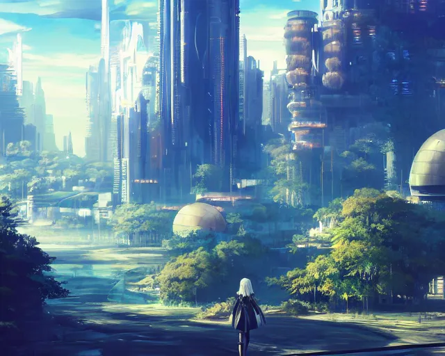 Image similar to scenery artwork, scene beautiful, light!! light essential futuristic city world and nature vegetation with daylight, surrealism oil on canvas, artstation!! pixiv!! dream scenery, quality astral projection render, nier automata concept art, vaporwave textures