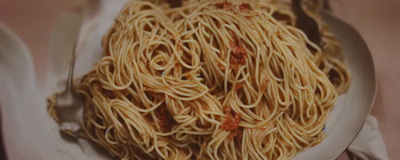 Prompt: macro shot of spaghetti, canon 1 0 0 mm, wes anderson film, kodachrome