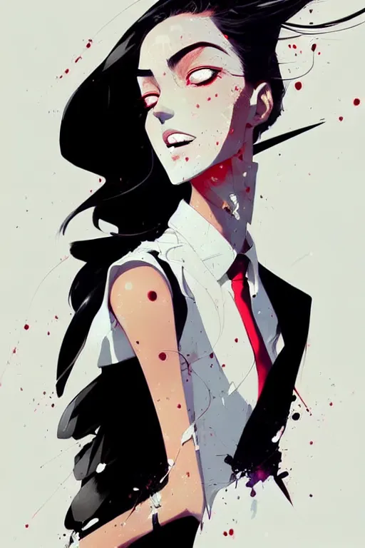 Image similar to a ultradetailed beautiful panting of a stylish woman, she is wearing a white shirt with a tie and black pants, by conrad roset, greg rutkowski and makoto shinkai trending on artstation