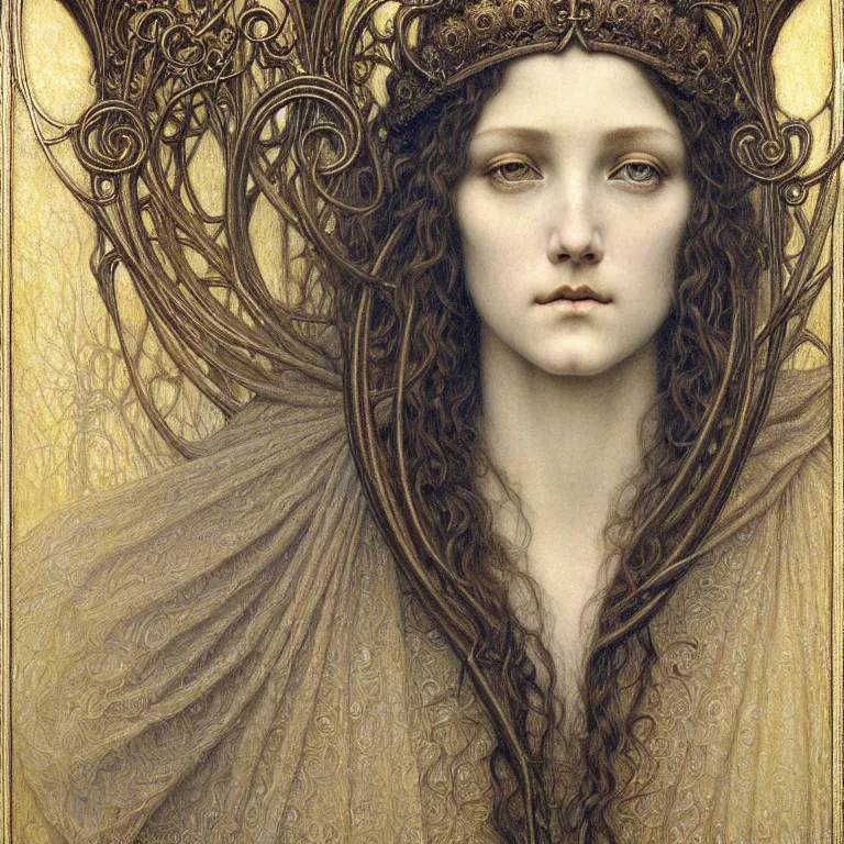 Image similar to detailed realistic beautiful young medieval queen face portrait by jean delville, gustave dore and marco mazzoni, art nouveau, symbolist, visionary, gothic, pre - raphaelite. horizontal symmetry