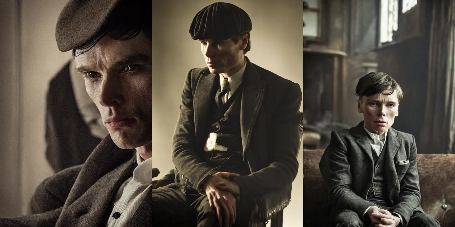 Prompt: portrait Cillian Murphy in Peaky Blinders sitting on sofa with young boy beautiful face, Perfect detailed face, front view fire in the background, dramatic, gloomy, dark, bleak, cheerless, desolate, impressive, tragic, cinematic, dull colours, dark colour scheme, atmospheric by Christopher Nolan