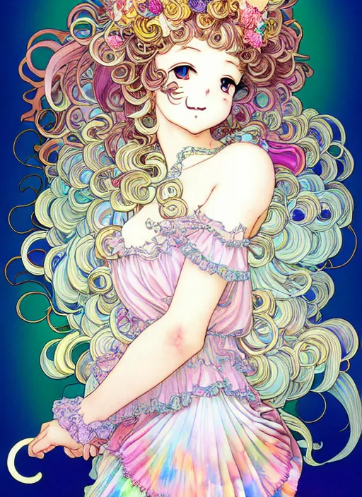 Image similar to manga of beautiful cat girl aside carousel, curls hair, rococo ruffles dress, pastel rainbow, pearlescent, shimmering, prismatic, reflective, rim light, detailed background, by katsuhiro otomo, takeshi obata, alphonse mucha, illustration, artstation, concept art, highly detailed, colorful, maximalist