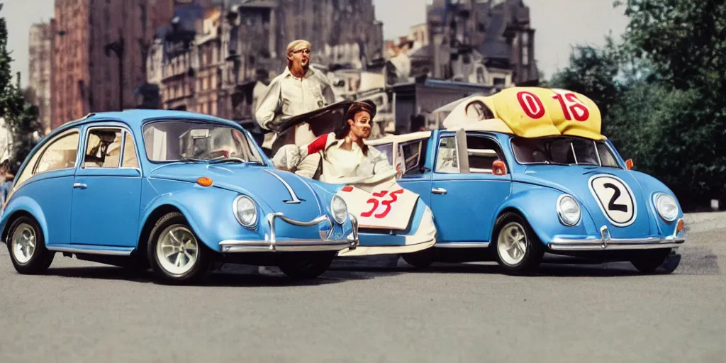 Prompt: promotion movie still of the car in'herbie'film ( 1 9 6 8 ). cinematic, 4 k, imax, 7 0 mm