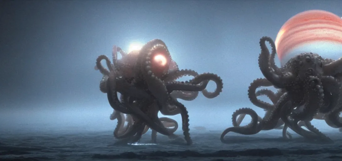 Prompt: a robotic octopus consuming jupiter, foggy, cinematic shot, photo still from movie by denis villeneuve, wayne barlowe