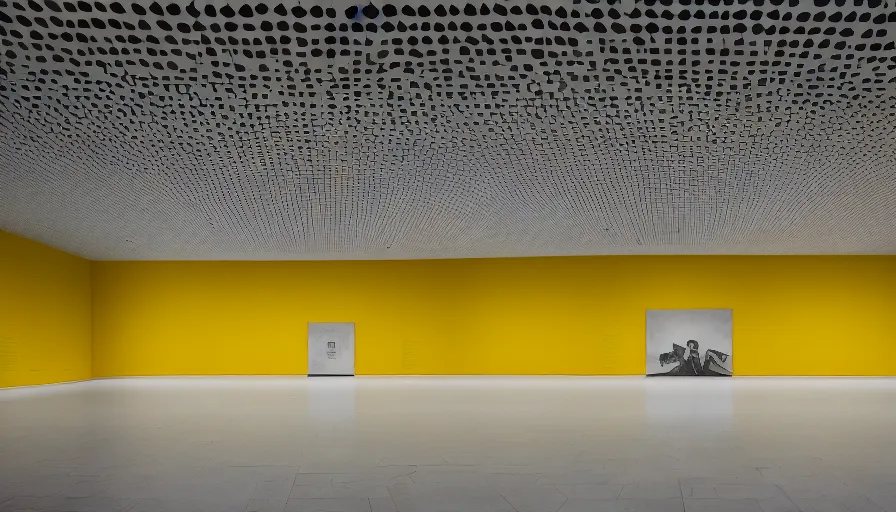 Prompt: 60s movie still of a sovietic stalinist style empty art museum with a soviet congress with yellow wall, REVOLOG KOLOR, liminal Space style, heavy grain