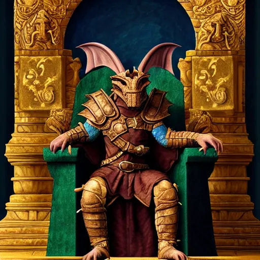 Image similar to a dragonborn as the king of a kingdom sitting on his throne, digital art, renaissance painting, fantasy art, ultra detailed, as coherent as Dall-E 2