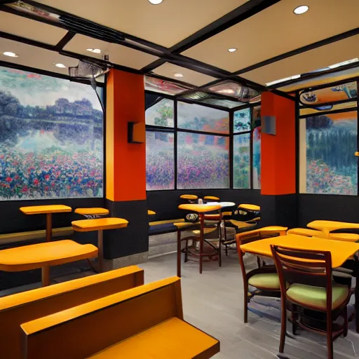 Image similar to mcdonalds designed by Claude Monet, interior photography