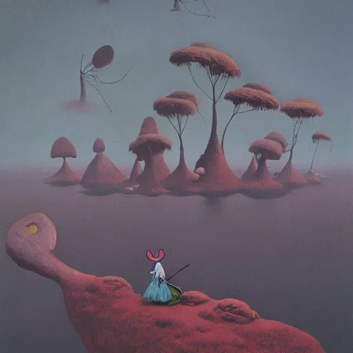 Image similar to the moomins in moominvalley, beksinski painting, very detailed!, high quality, 4 k