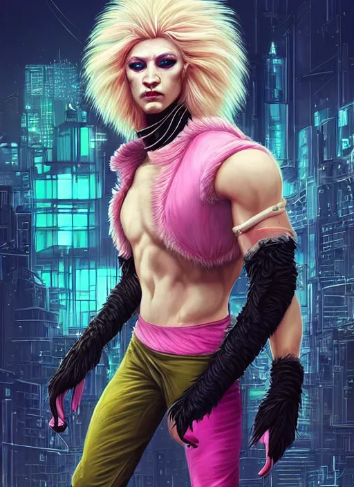 Image similar to aesthetic portrait commission of a of a male fully furry muscular anthro albino lion with a tail and a beautiful attractive hyperdetailed face wearing stylish and creative unkempt black and pink cyberpunk 2077 clothes in a sci-fi dystopian city at golden hour while it storms in the background. Character design by charlie bowater, ross tran, artgerm, and makoto shinkai, detailed, inked, western comic book art, 2021 award winning painting