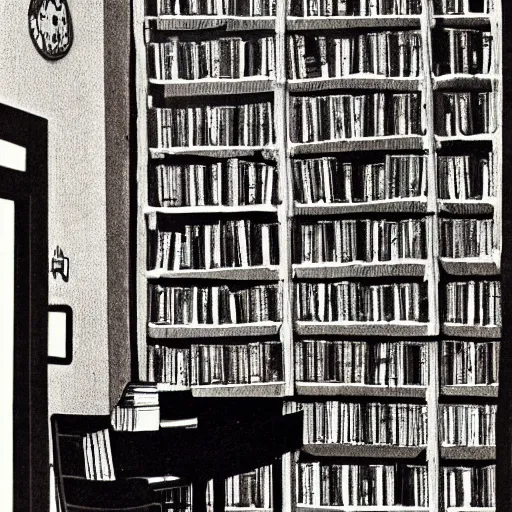 Image similar to painting of an apartment own by a writer, a lot of books on the shelves, desk with typewriter on it, one windows with gentle light