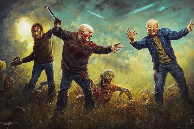 Image similar to portrait of tom atkins and donald pleasents fighting a zombie, an oil painting by ross tran and thomas kincade