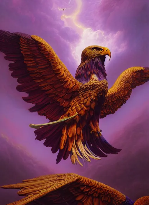 Prompt: a hyper realistic painting of a giant beautiful magical glowing purple american eagle perched wings spread wide, painted golden highlights, painted by peter mohrbacher, wayne barlowe, boris vallejo, paolo eleuteri serpieri, greg rutkowski, vasnetsov, masterpiece, 4 k, 8 k, beautiful lighting, epic