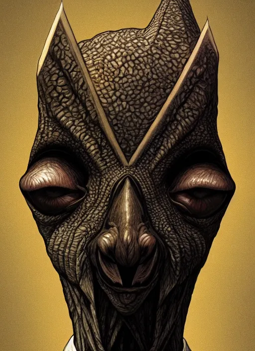 Image similar to anthropomorphic triangle head in edgy darkiron mr. bean, intricate, elegant, highly detailed animal monster, digital painting, artstation, concept art, smooth, sharp focus, illustration, art by artgerm, richard corben, wayne barlowe, trending on artstation and greg rutkowski and alphonse mucha, 8 k