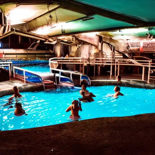 Image similar to an underground water park, dingy, dark lighting, after hours, dark,