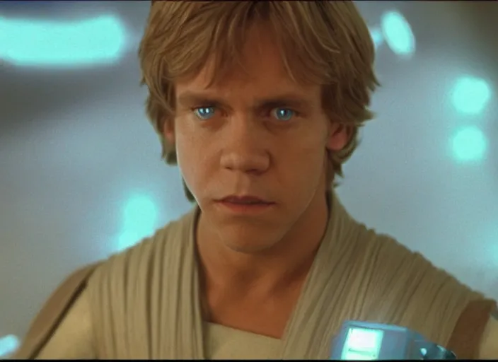 Image similar to screenshot from the lost star wars film, blue transparent hologram of Luke Skywalker, iconic scene from the lost Star Wars film, Remnants Of the Empire, 1990 directed by Stanely Kubrick, moody cinematography, with anamorphic lenses, crisp, detailed, 4k