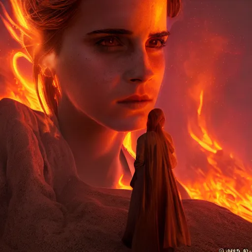 Prompt: A highly detailed 4K fantasy matte painting of Emma Watson on fire portrait. zdzislaw beksinski, ArtStation, CGSociety, Unreal Engine