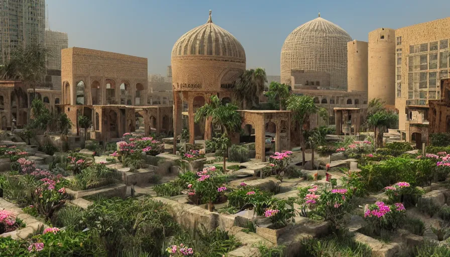 Image similar to ancient iranian city with rooftop gardens, flowers, palms, artstation