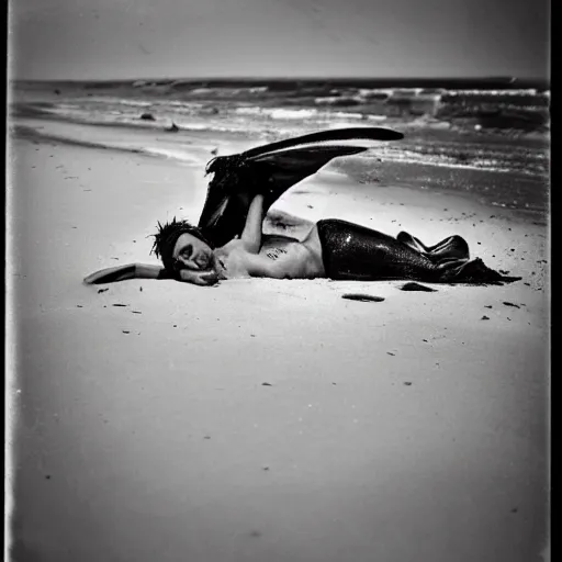 Prompt: a wet plate photo of shrek with tattoos, laying on the beach, pelicans, sunny, tide, beautiful, black and white