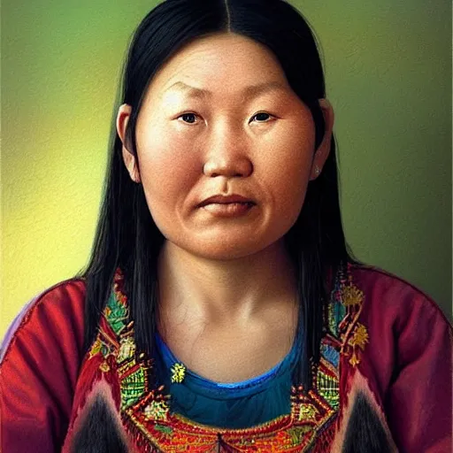 Prompt: portrait of an asian yakuts woman ( 3 5 ) from yakutia, sakha republic, russia in 2 0 2 1, an oil painting by ross tran and thomas kincade