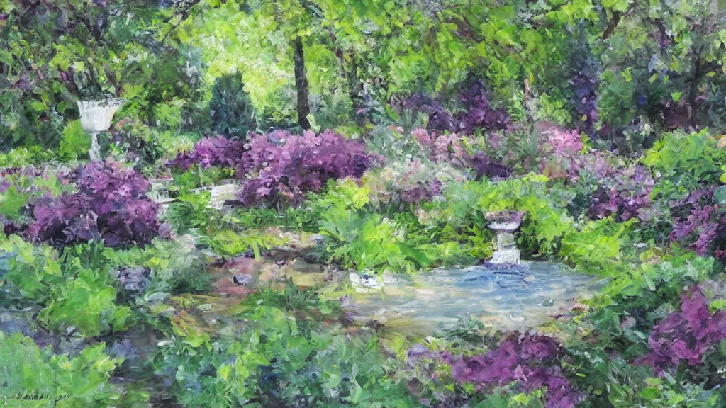 Prompt: tranquil painting of purple garden with green trees and a water fountain in the middle of garden, detailed, 8k, mesmerizing, low saturation, high resolution