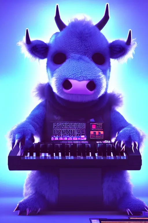 Prompt: high quality 3 d render very cute neuromancer fluffy! mutant cow hybrid! playing keyboard, highly detailed, unreal engine cinematic smooth, in the style of blade runner & detective pikachu, hannah yata charlie immer, moody blue light, low angle, uhd 8 k, sharp focus