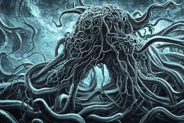 Image similar to old god eldritch horror terrifying the deep abyss of the ocean floor, epic scene, underwater photography, hyper - detailed, gigantic cthulhu, swarm of tentacles, dark art, digital art, epic composition