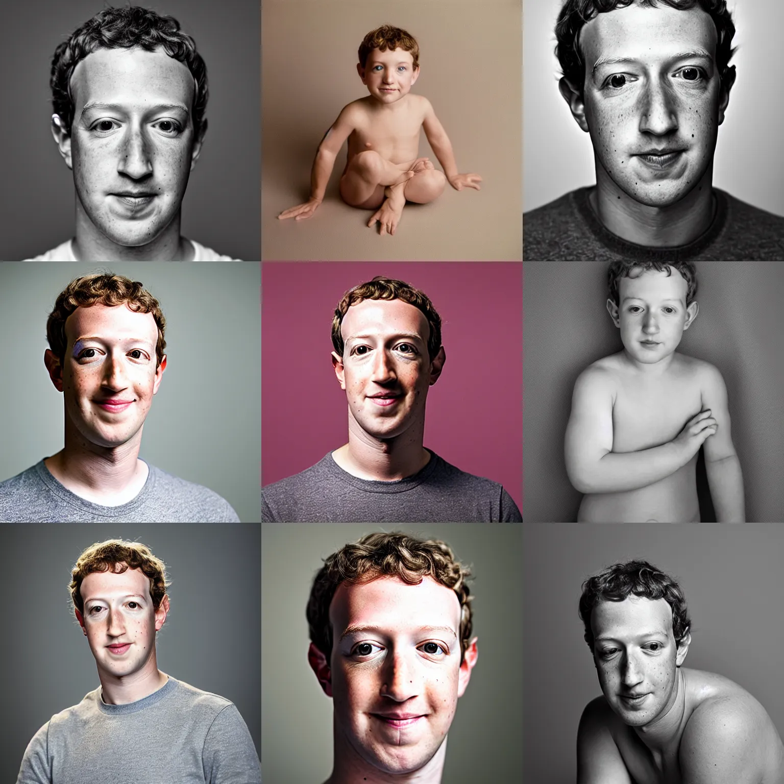 Prompt: Portrait photo of Mark Zuckerberg, photographed by Anne Geddes, soft studio lighting, 85mm f/1.4