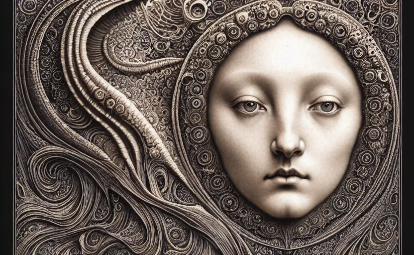 Image similar to detailed realistic beautiful moon goddess face portrait by jean delville, gustave dore, iris van herpen and marco mazzoni, art forms of nature by ernst haeckel, art nouveau, symbolist, visionary, gothic, neo - gothic, pre - raphaelite, fractal lace, intricate alien botanicals, ai biodiversity, surreality, hyperdetailed ultrasharp octane render