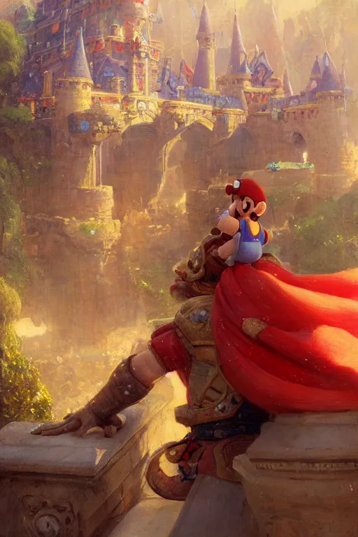 Image similar to a portrait of super mario in front of peach's castle, by gaston bussiere, by mandy jurgens and bayard wu and greg rutkowski, cinematic lightning